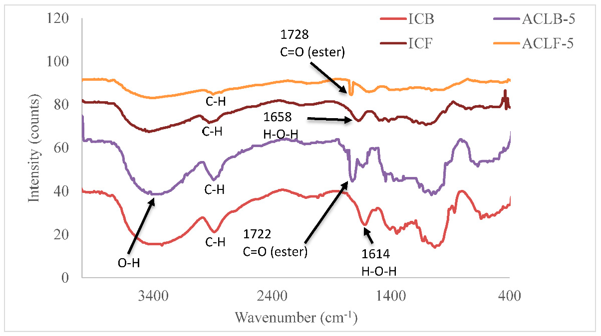 Figure 1: FTIR of Isolated Cellulose (ICB and ICF) and Acetate Cellulose Laurate Ester (ACLB-5 and ACLF-5).
