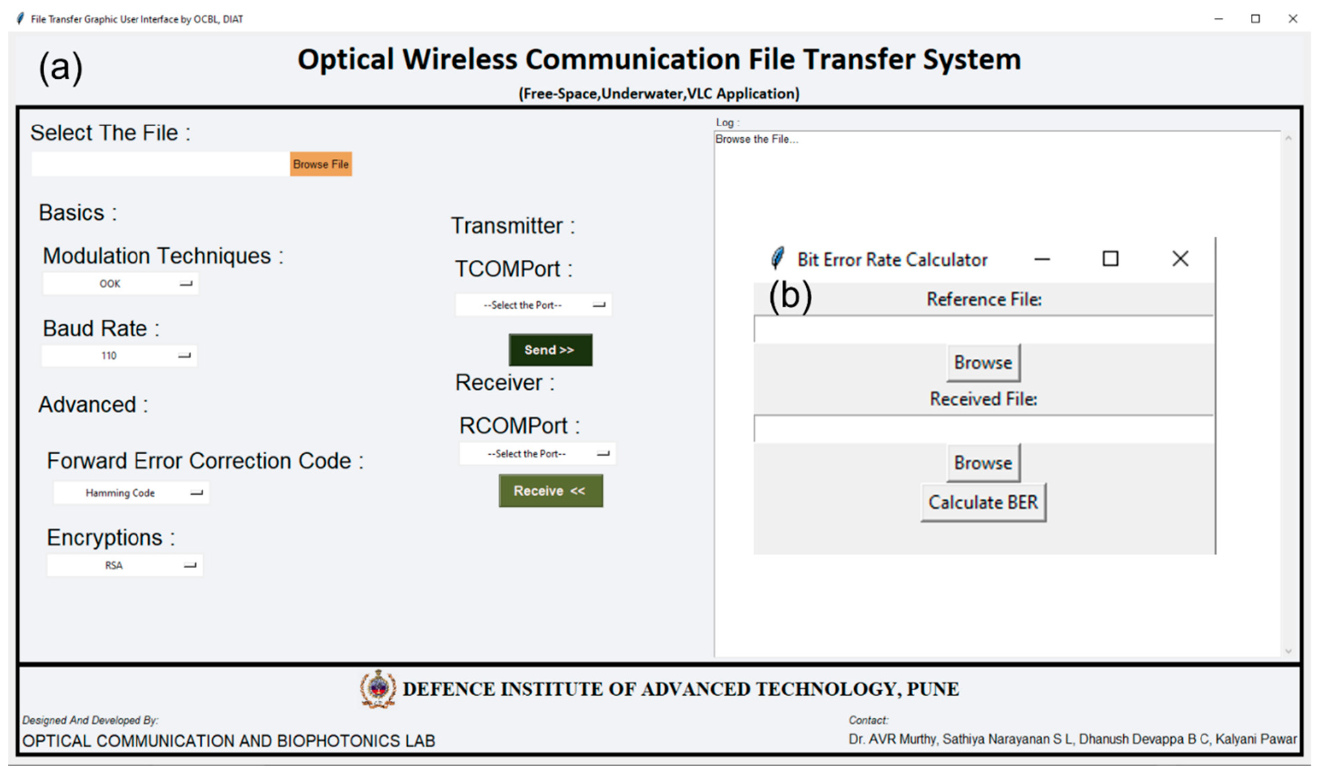 Figure 6: (a) Graphical User Interface for File transfer. (b) Graphical User Interface for BER calculation.