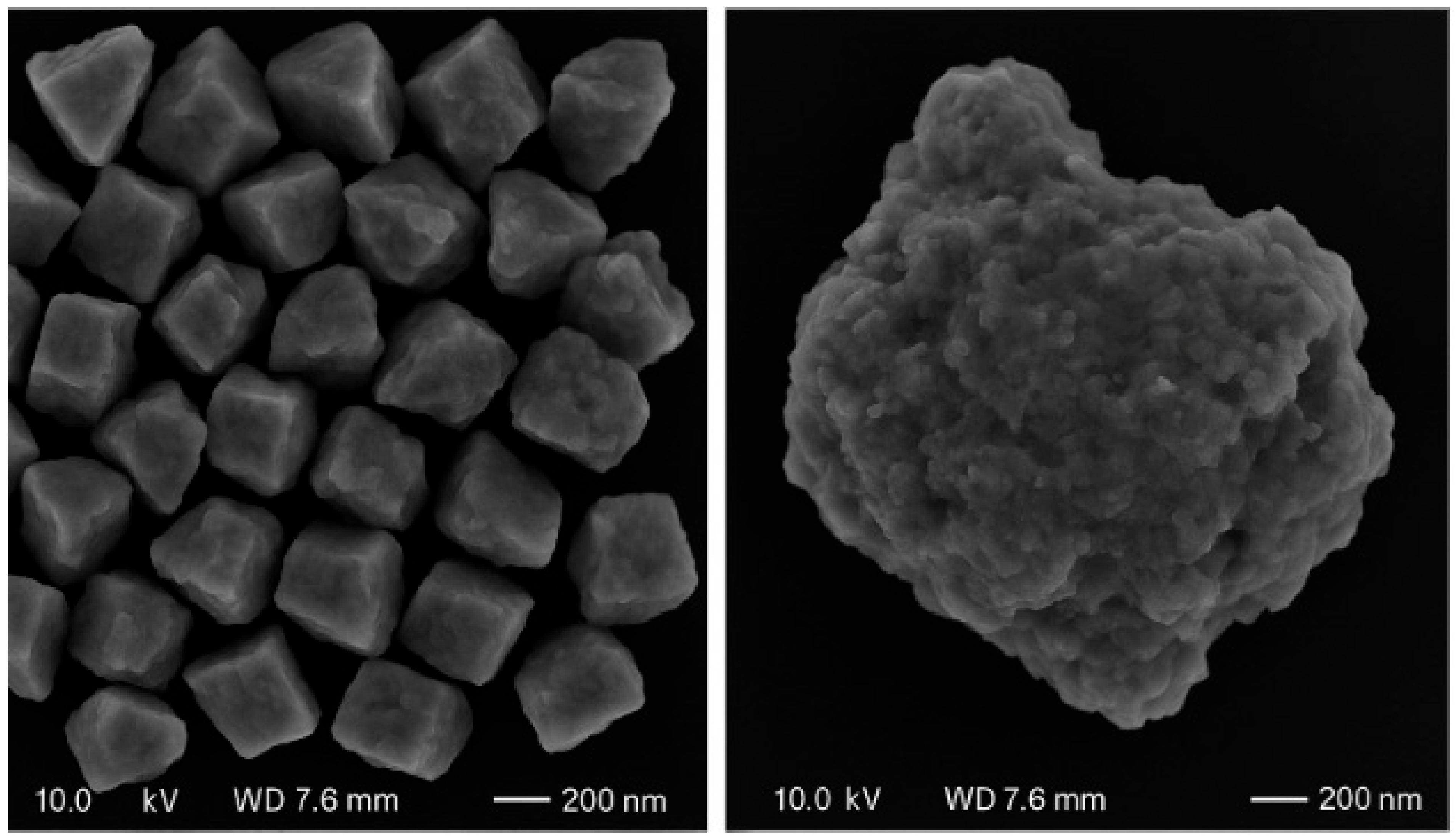 Figure 13: SEM image of peduced (left) particulate and (right) agglomerate at 550 &deg;C.