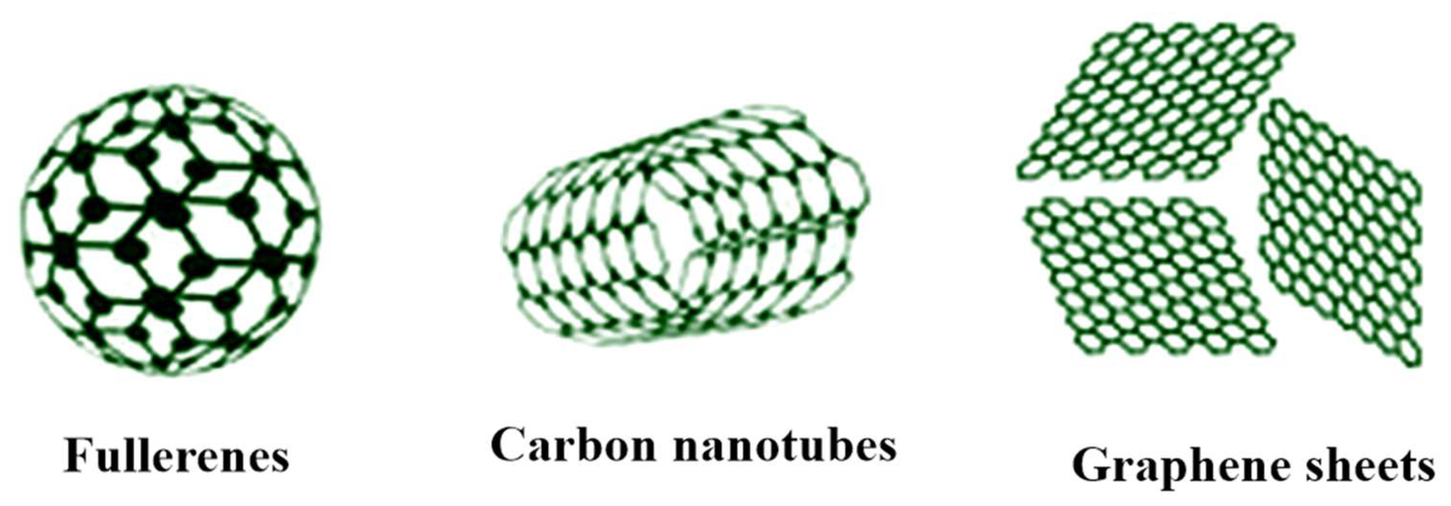 Figure 3: Carbon-based nanomaterial (NM), tube, and sheet.